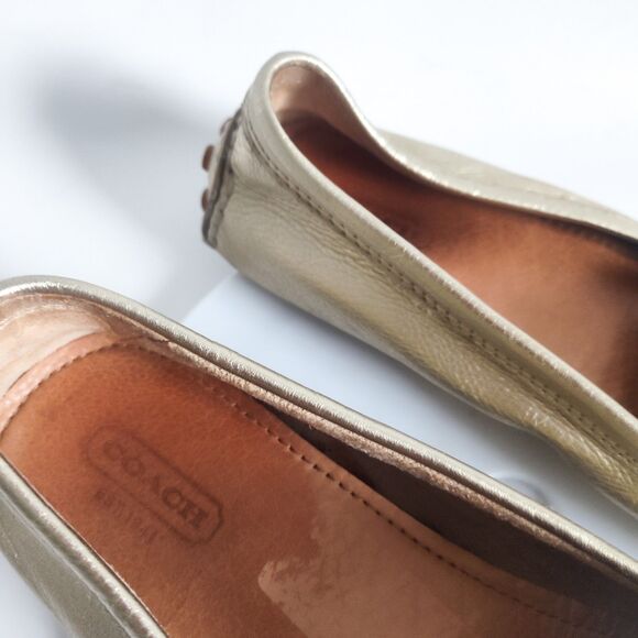 Coach Penny Loafers Size 7 Logo Leather Slip On Flats Napoleon Metallic Gold - Picture 8 of 10